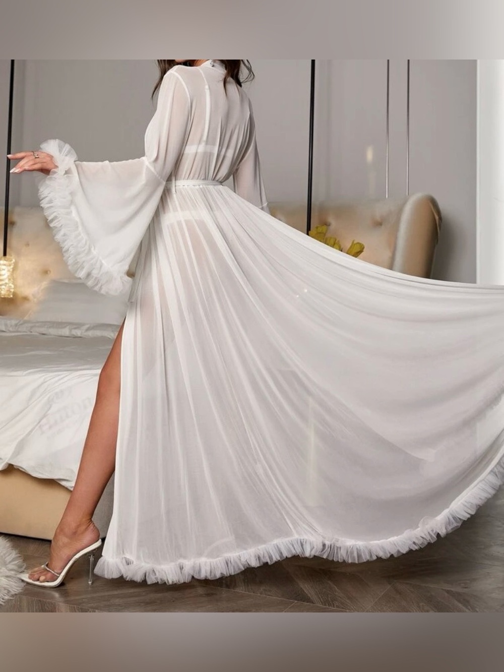 White Sheer Robe with Ruffle Trim - Picture 2 of 11